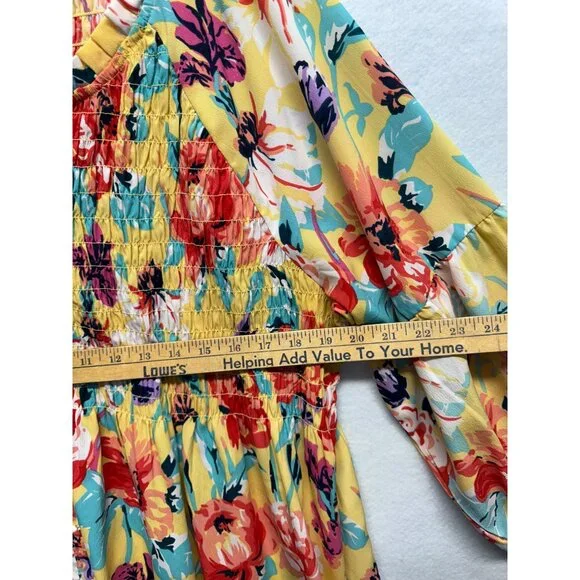 Caffe Marrakech Womens 3X Floral Smocked Peasant Top Yellow Multi-Color V-Neck - Picture 5 of 9